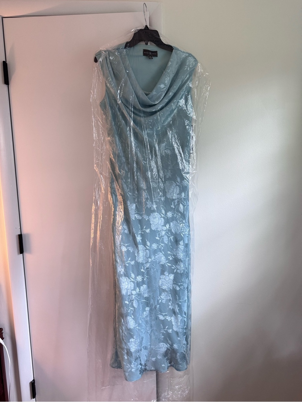 Betsy & Adam floral jacquard gown in dusty blue with a cowl neckline - Picture 2 of 6